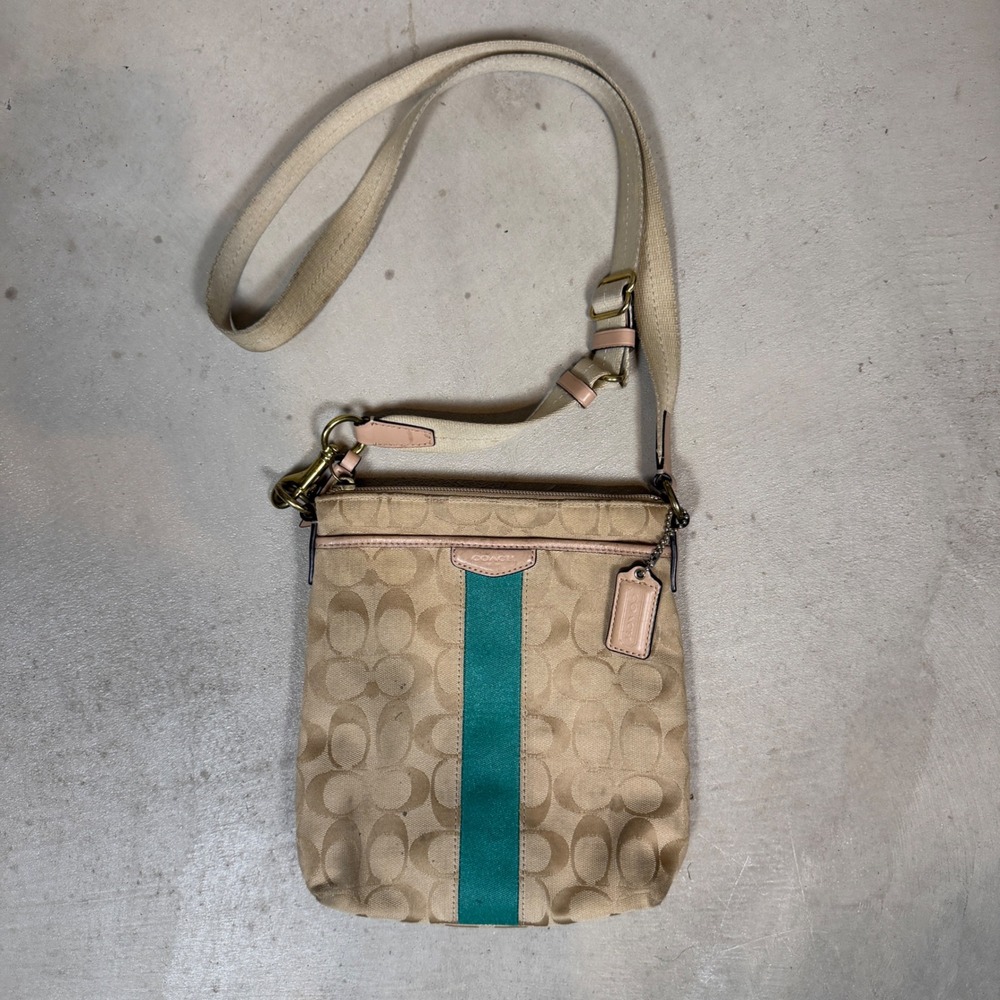Coach Signature File Bag Khaki Teal Stripe Jacquard Crossbody Handbag